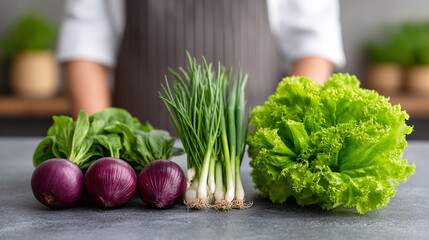 Fresh vegetables including red onions, green onions, spinach, and lettuce are beautifully arranged on kitchen countertop, showcasing vibrant colors and freshness, perfect for healthy cooking