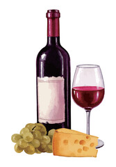 赤ワインのボトルとグラスとチーズの水彩風イラスト　生成AI