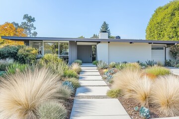 The exterior of this modern home beautifully highlights contemporary architectural elements, featuring a meticulously landscaped pathway surrounded by vibrant greenery on a bright, sunny day