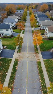 Aerial view of residential street lined with autumn colored trees, houses with green lawns, and fallen leaves scattered across the road surface.