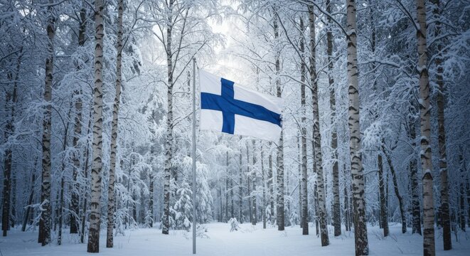 Finland Flag Snowy Forest Birch Trees Winter Background