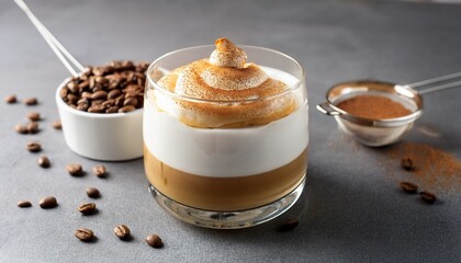 traditional korean coffee dessert with whipped foam and milk on gray backdrop viewed from the side