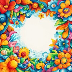 A Whical, Vibrant Illustration Featu Colorful Flowers and Leaves Framing a Blank White Center with Playful Swirls for Creative Use 150 Characters