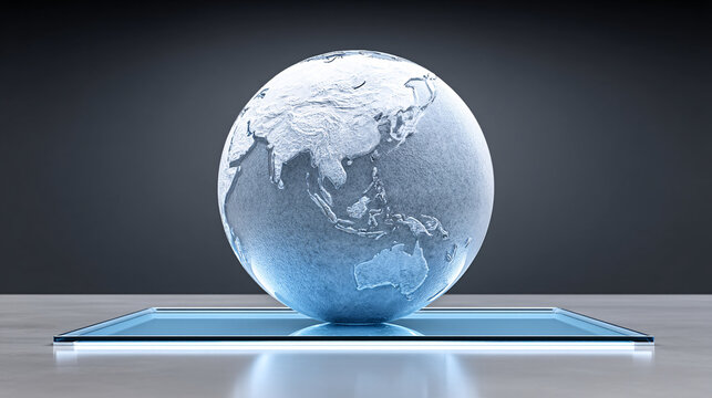 3D representation of globe showcasing Asia and Australia, set on sleek glass platform. design emphasizes modern and digital aesthetic, perfect for global themes