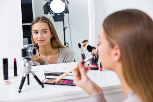 Two young women, influencers, recording a make-up tutorial for their vlog.