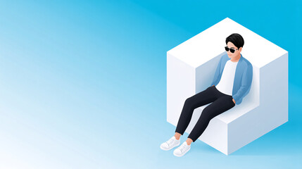 Obraz premium person sitting in modern, minimalist space, wearing sunglasses and casual attire, exuding relaxed vibe. background features gradient of blue tones, enhancing contemporary feel