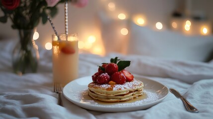 Romantic Pancake Breakfast in Bed: Strawberries, Syrup, and a Peachy Drink