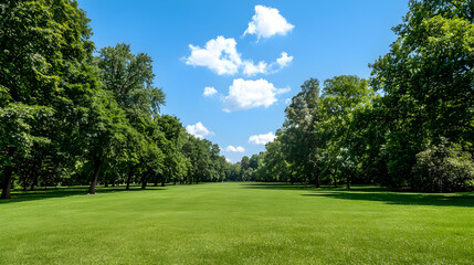 Obraz premium Green Park Pathway Under Sunny Sky