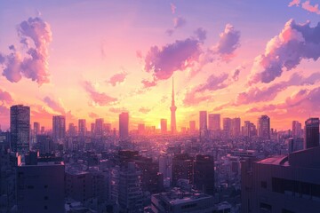 Urban skyline bathed in a vibrant sunset.