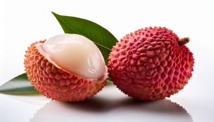 vibrant lychee fruit showcasing its unique texture and juicy flesh against a stark white background in well lit conditions isolated on white background