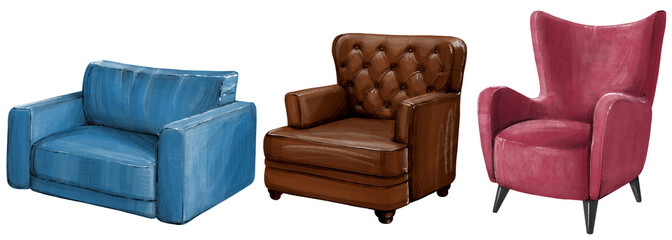 Interior sketch illustration with armchair. Loft style room. Furniture set. 