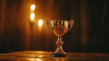 Gold trophy cup on wooden table with warm lighting in background.