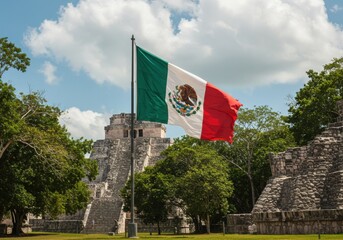 Mexico Flag Mayan Ruins Jungle Background