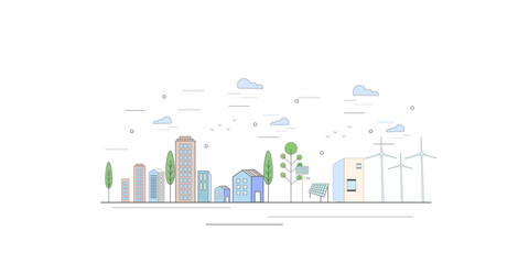 Fototapeta premium ecology illustration of green urban town with solar wind energy