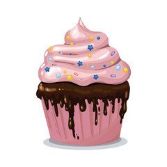 A delicious cupcake with a cartoon illustration. Chocolate icing.