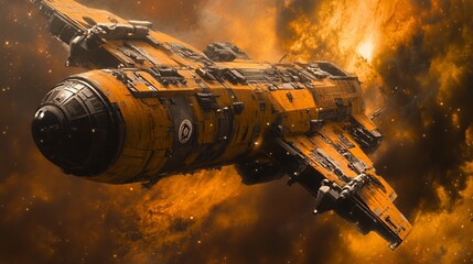 A vibrant orange spacecraft glides through a cosmic nebula filled with starry hues.