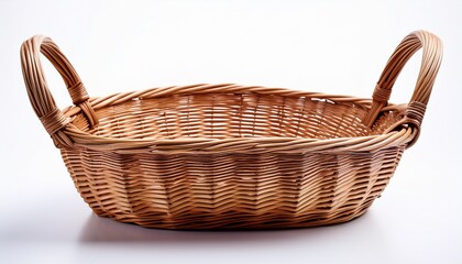 wicker basket with two handles on a white background
