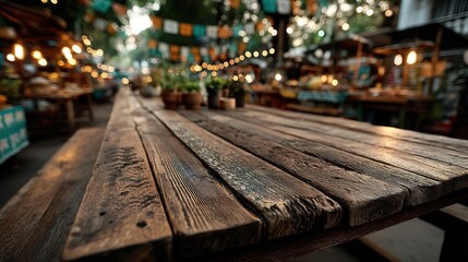 Rustic wooden table at an outdoor market