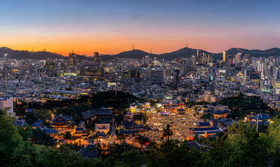 Seoul Cityscape at Twilight: Urban Skyline and Palace Lights