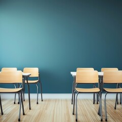Bright and Inviting Classroom Featu Teal Wall with Simple Wooden Desks and Chairs Arranged in Rows on Light Wood Floo for Learning Environment