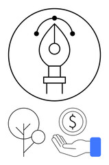 Pen tool icon, stylized tree, hand catching coin. Ideal for creativity, growth, sustainability, finance, eco-friendly design, innovation simple landing page