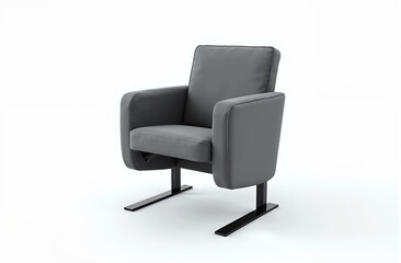 Minimalist cinema chair design, movie theater seat in gray fabric with metal legs, isolated on white background