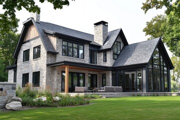 Modern stone house showcases elegant design and lush surroundings in a sunny outdoor setting, perfect for relaxing and entertaining guests