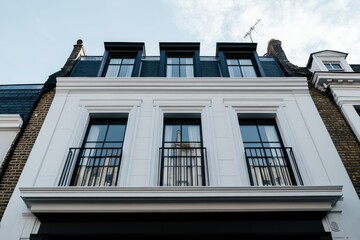 Obraz premium The timeless appeal of classic architecture is showcased through elegantly designed balconies adorning a charming building, all set against a picturesque urban backdrop on a beautiful, clear day