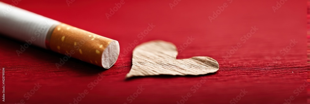 Poster cigarette stub pressed into a red heart as a warning of the dangers of smoking on health and love