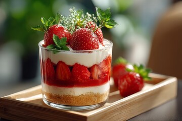 Delicious strawberry dessert with whipped cream and fresh mint in glass cup on wooden tray