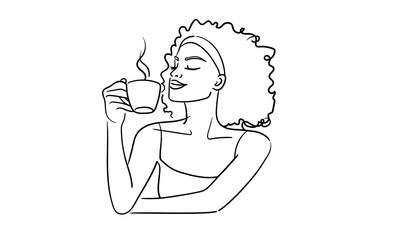 Woman drink coffee line art drawing. Barista made coffee on white background. Vector illustration	