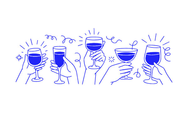  Vector modern linear cartoon hands holding various types of wine and cocktail glasses,  easily editable.