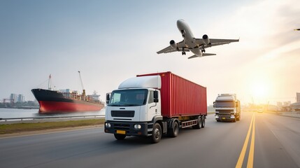 Cargo ship, freight truck, and airplane in synchronized logistic