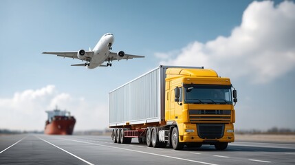 Global logistics concept with cargo ship, freight truck, and pla