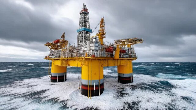 Offshore Oil Rig in Stormy Sea: An imposing offshore oil rig stands tall against a backdrop of turbulent waves and a stormy sky, a testament to the challenges and risks of the industry.