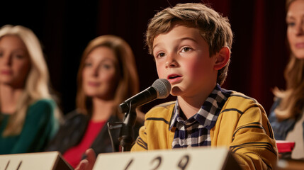 Young Boy Speaking at Panel Discussion with Female Audience Members