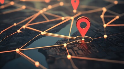 Abstract network map with red location pins and connected lines on dark background.
