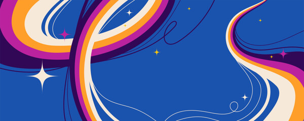 Abstract Design with Wavy Lines and Sparkling Stars on Blue Background. Retro cosmic swirls with vibrant movement. Perfect for futuristic prints, party and space themes