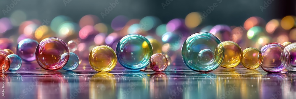 Poster colorful close-up of soap bubbles with reflections and rainbow highlights on a smooth surface in a b