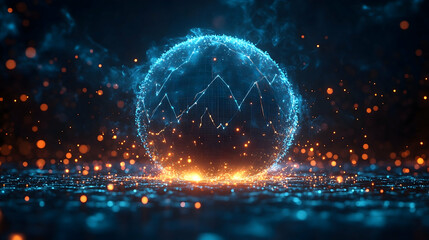 Obraz premium A glowing blue sphere with data lines emerges from orange light surrounded by bokeh
