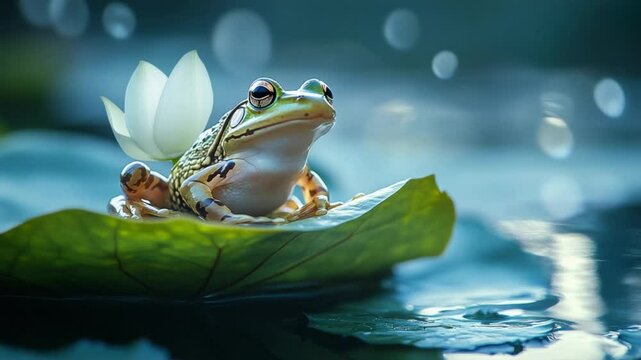 frog on a lotus leaf in the pond