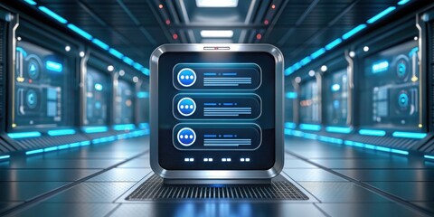 Fototapeta premium A futuristic digital interface displayed in a sleek, high-tech environment with blue lighting and a sci-fi ambiance.