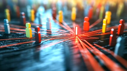 Vibrant, plastic-like figurines moving toward a glowing red magnet, representing business strategies for client attraction and customer loyalty.