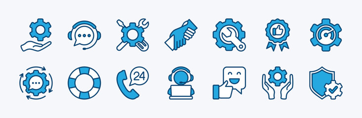 Set of technical and customer service icon vector. Containing support, help, assistant, feedback, time, call center 24 hours, phone contact, operator, online, maintenance, lifebuoy, recommend