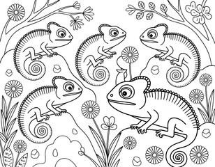 Fototapeta premium Black and white illustration of several chameleons in a whimsical garden setting
