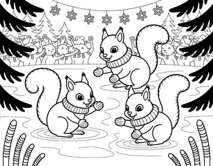 Two adorable squirrels in winter sweaters and mittens are depicted playing on a frozen pond