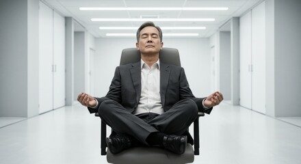 Mindful Businessman Meditating in Modern Office Corridor