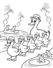 A black and white illustration of a mother duck with her ducklings, along with some frogs, and dragonflies, situated in a pond