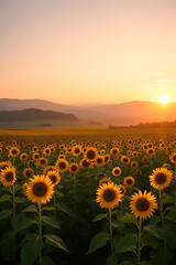 Fototapeta premium sunrise over a vast sunflower field with morning mist, golden sunlight casting long shadows, vibrant yellow petals glowing softly