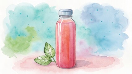Watercolor illustration of a glass bottle filled with pink juice, accompanied by green leaves, set against a soft pastel background.